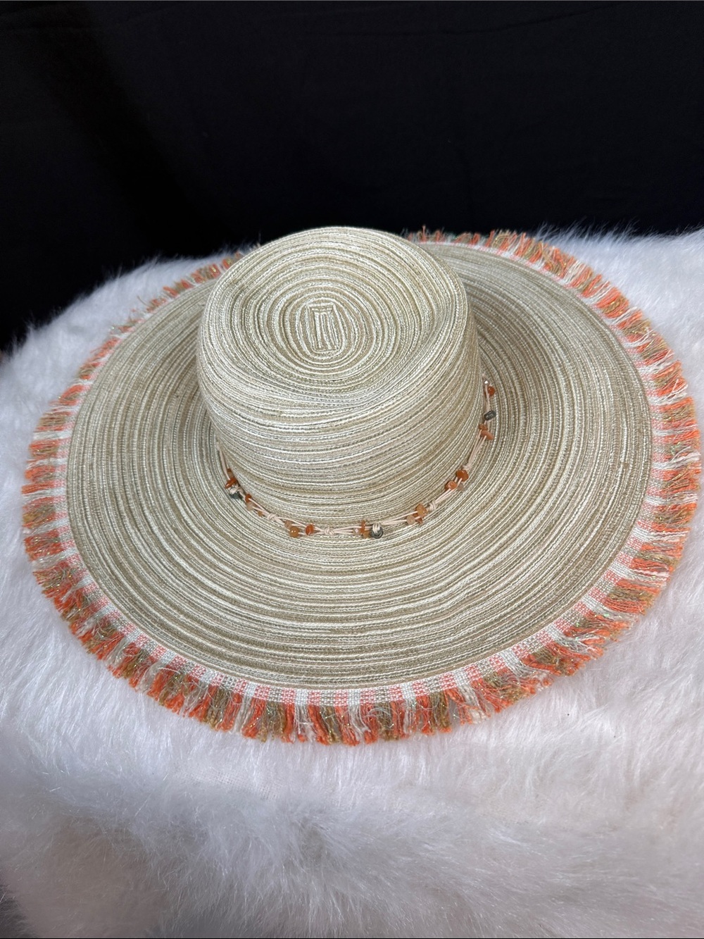 Caribbean Joe Island Supply Wide Rim Straw Hat trimmed with Peach Fringe NWOT
